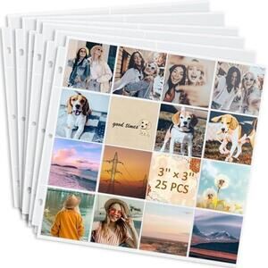 3x3 Inch Photo Album Pages / 16 Clear Plastic Pockets per Sheet / Total 50 Pages